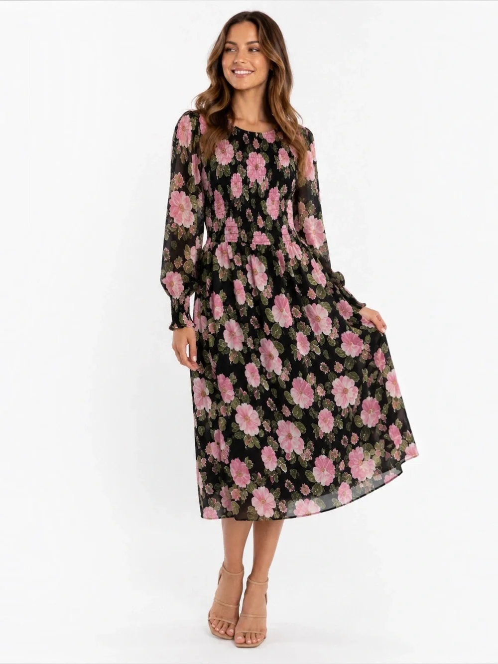 WAYF Floral Smocked Midi Dress Women’s Small Black Pink Rose Long Sleeve Lined